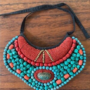 Handcrafted Beaded Necklace - Red and Turquoise